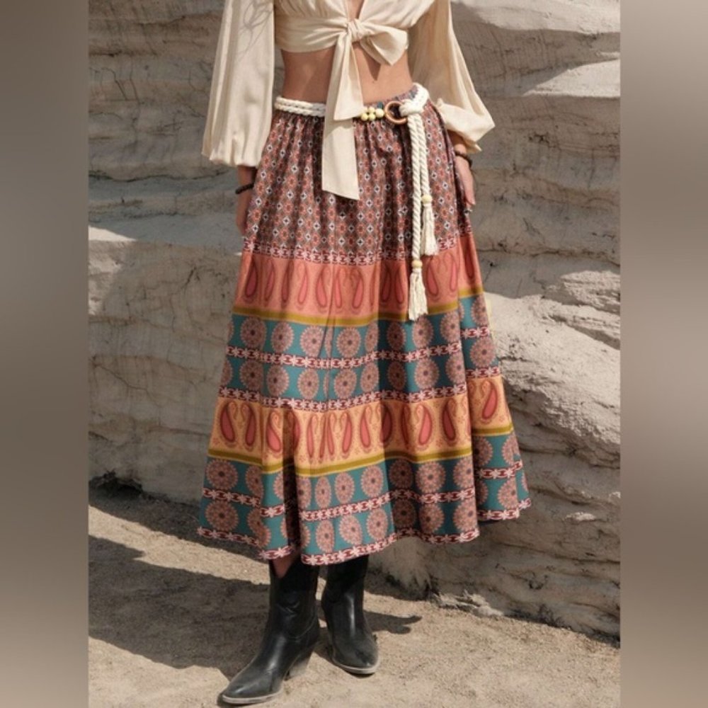 LAST ONE 🔥 Boho Printed Western Midi Skirt With Belt